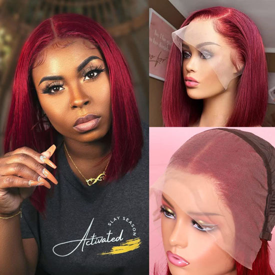Picture of 13x4 HD 99J Burgundy Bob Lace Front Wigs Human Hair Pre Plucked Hairline Transparent Glueless Straight Bob Wigs for Black Women Human Hair with Baby Hair Replacement Wigs Bob Wine Red 14 Inch