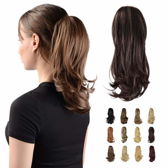 Picture of SOFEIYAN 13" Ponytail Extension Long Curly Ponytail Clip in Claw Hair Extension Natural Looking Synthetic Hairpiece for Women, Dark Brown & Dark Auburn Mixed