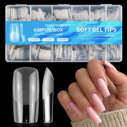 Picture of AddFavor 600pcs Square Nail Tips, Medium Square Gel X Nail Tips Clear Fake Nails Full Cover Acrylic Nail Tips for Extension Nail Manicure Salon Home DIY