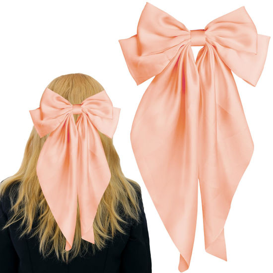 Picture of Pufandor Hair Bow Silky Satin Hair Ribbons for Women, Pink Bows for Girls Hair Bowknot Barrettes Long Tails with Clips Big Hair Bows Hair Accessories (Champagne Pink 1pc)