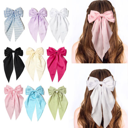 Picture of Furling Pompoms Hair Bows Clips for Women Large Pink Bows for Girls White Hair Ribbon for Hair Satin Long Tails with Alligator Clips Big Hair Bow Hair Accessories Pack of 9