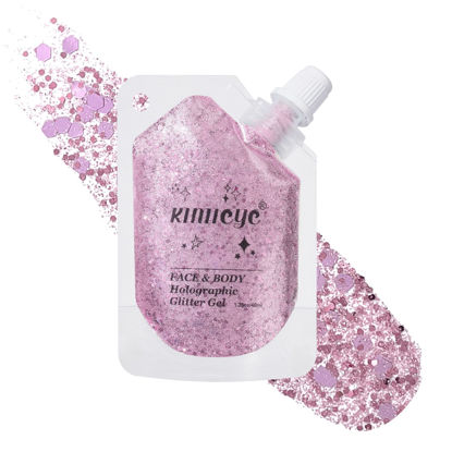 Picture of Holographic Face Glitter Gel Body Shimmer Makeup for for Hair, Face, Clavicle, Arm, Nail, Eyeshadow, Long Lasting Waterproof Mermaid Sequins Party Glitter for Rave Festival, 1.35oz (Metallic Pink #12)