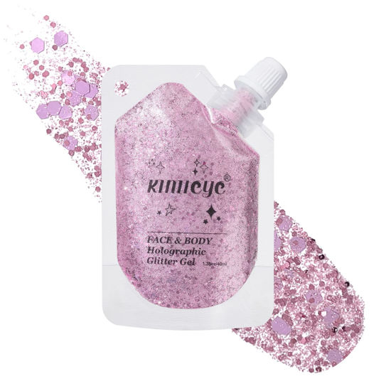 Picture of Holographic Face Glitter Gel Body Shimmer Makeup for for Hair, Face, Clavicle, Arm, Nail, Eyeshadow, Long Lasting Waterproof Mermaid Sequins Party Glitter for Rave Festival, 1.35oz (Metallic Pink #12)