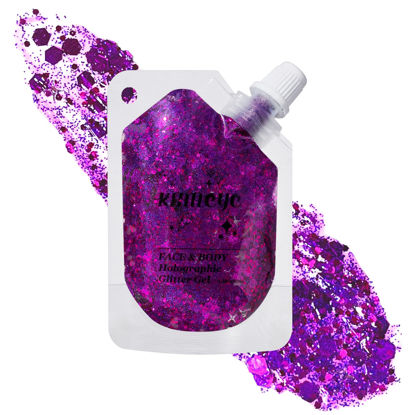 Picture of Holographic Face Glitter Gel Body Shimmer Makeup for for Hair, Face, Clavicle, Arm, Nail, Eyeshadow, Long Lasting Waterproof Mermaid Sequins Party Glitter for Rave Festival, 1.35oz (Grape Purple #13)