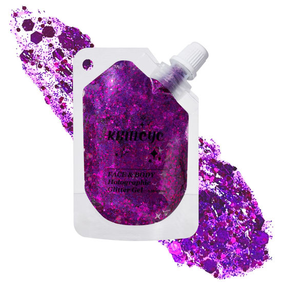 Picture of Holographic Face Glitter Gel Body Shimmer Makeup for for Hair, Face, Clavicle, Arm, Nail, Eyeshadow, Long Lasting Waterproof Mermaid Sequins Party Glitter for Rave Festival, 1.35oz (Grape Purple #13)