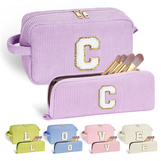 Picture of YOOLIFE Monogram Makeup Bag - Personalized Gifts for Women Teenage Girls Purple Corduroy Cotton Cute Cosmetic Bag Make Up Bag Thank You Gifts Wedding Bridesmaid Gifts Teacher Gifts for Women Letter C