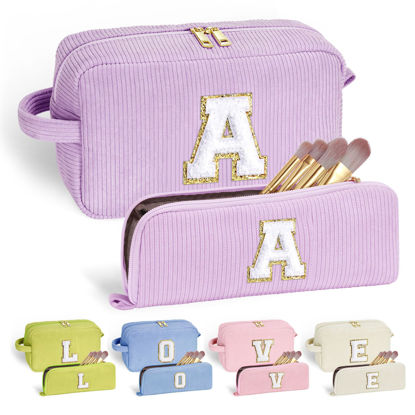 Picture of YOOLIFE Purple Travel Makeup Bag - Gifts for Women Teenage Girls Initial Cosmetic Bag Cute Makeup Bag Travel Essentials Personalized Gifts Best Friend Birthday Gifts for Women Her Teen Girls Letter A