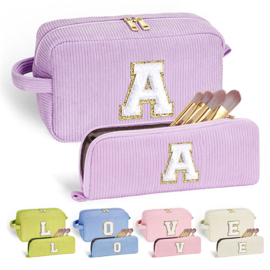 Picture of YOOLIFE Purple Travel Makeup Bag - Gifts for Women Teenage Girls Initial Cosmetic Bag Cute Makeup Bag Travel Essentials Personalized Gifts Best Friend Birthday Gifts for Women Her Teen Girls Letter A