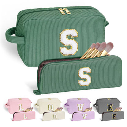 Picture of YOOLIFE Girls Makeup Bag - Teen Girl Gifts Deep Green Letter Make Up Bag Cosmetic Bag Mini Makeup Brush Bag Mother Teacher Gifts for Women Her Best Friend Birthday Gifts for Women Sister Initial S