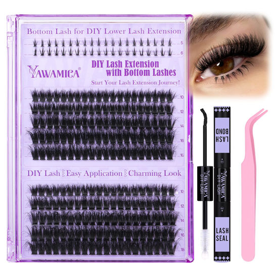 Picture of Yawamica Fluffy Lash Clusters Kit DIY Lash Extension Kit with Bottom Lashes Wispy Cluster Eyelash Extension 10-18MM 60D+80D Individual Lashes Kit with Lash Bond and Seal and Applicator for Beginners