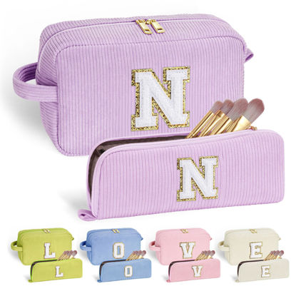 Picture of YOOLIFE Monogram Makeup Bag - Gifts for Women Her Daughter Travel Bag Makeup Bag Organizer Makeup Bags for Women Make Up Bag Travel Size Toiletries Girls Wife Friend Sister Mom Gifts Purple Letter N