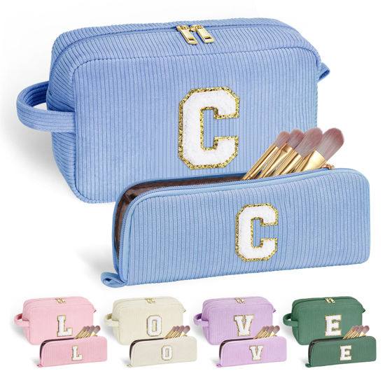 Picture of YOOLIFE Cosmetic Bag for Women - Letter Cute Initial Blue Makeup Bag Cosmetic Bag Make Up Bag Birthday Gifts for Women Her Teen Girls Stuff Girlfriend Mom Personalized Birthday Gifts for Women Her C