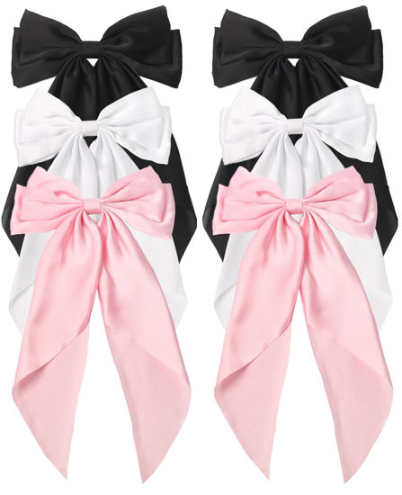 Picture of SUSULU 6pcs Large Hair Bows Big Bow Hair Barrette Clips for Women Girls,French Hair Bowknot with Long Tail Vintage Hair Accessories for Women Black/White/Pink
