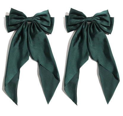 Picture of SUSULU Satin Bow Hair Clips for Women,Big Green Hair Bows Hair Slides Metal Clips Long Ribbon Hairpin Girls Barrettes Party Half-Updo Ponytail Accessories 2pcs