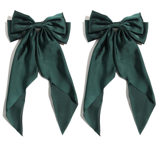 Picture of SUSULU Satin Bow Hair Clips for Women,Big Green Hair Bows Hair Slides Metal Clips Long Ribbon Hairpin Girls Barrettes Party Half-Updo Ponytail Accessories 2pcs