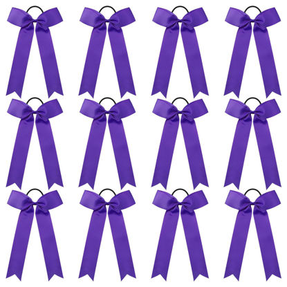 Picture of DEEKA 12 PCS Collegiate Style Ponytail Holders - Long Tail Skinny Handmade Bows for Girls, Teens, Softball, Cheerleading, Sports - Purple