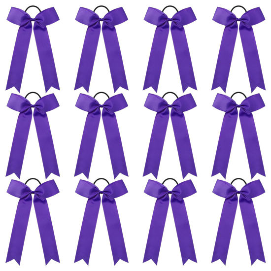 Picture of DEEKA 12 PCS Collegiate Style Ponytail Holders - Long Tail Skinny Handmade Bows for Girls, Teens, Softball, Cheerleading, Sports - Purple