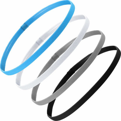 Picture of Bememo 4 Pieces Thick Non-Slip Elastic Sport Headbands Hair Headbands for Women and Men (Black, White, Grey, Royal Blue)