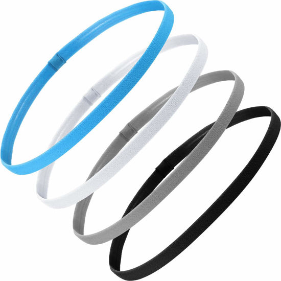 Picture of Bememo 4 Pieces Thick Non-Slip Elastic Sport Headbands Hair Headbands for Women and Men (Black, White, Grey, Royal Blue)