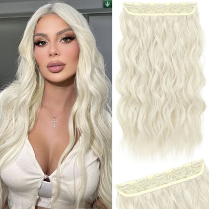 Picture of REECHO Blonde Hair Extensions, 20” One Piece Clip in Hair Extensions Thick Long Beach Wavy Natural Soft Synthetic Hairpieces for Women, Platinum Blonde