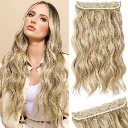 Picture of REECHO Clip in Hair Extensions, 20” One Piece Hair Extension Clip in Wefts Long Thick Beach Wavy Natural Soft Synthetic Hairpieces for Women, Dark Ash Blonde
