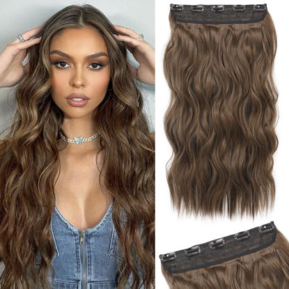 Picture of REECHO Clip in Hair Extensions, 20” One Piece Hair Extension Clip in Wefts Long Thick Beach Wavy Natural Soft Synthetic Hairpieces for Women, Ginger Brown