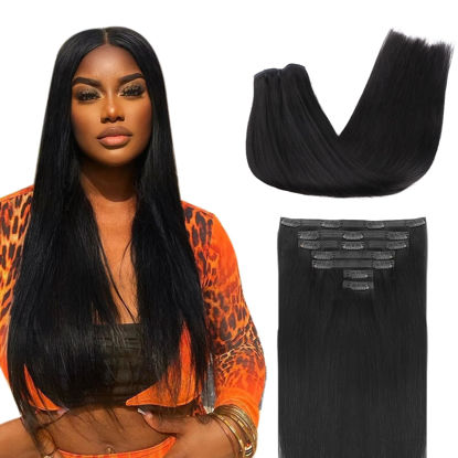 Picture of Lashey Seamless Clip in Hair Extensions Straight Remy Human Hair Clip in Hair Extensions, 7pcs 110g Clip in Hair Extensions 16 Inch Jet Black Real Human Hair Thick Clip in Hair Extensions