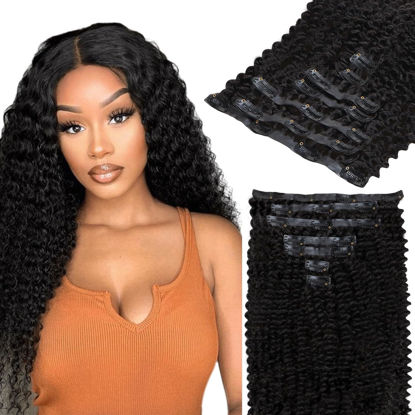 Picture of Lashey Seamless Clip in Hair Extensions Kinky Curly 110g 7pcs PU Weft Hair Extensions Clip in Human Hair with Invisi Edge Natural Black 20 Inch Real Human Hair Extensions for Women