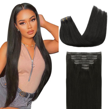 Picture of Lashey Seamless Clip in Hair Extensions Human Hair Extensions, Straight 7pcs 110g 14 Inch Natural Black Human Hair Clip in Extensions Soft PU Clip in Hair Extensions with Invisi Edge