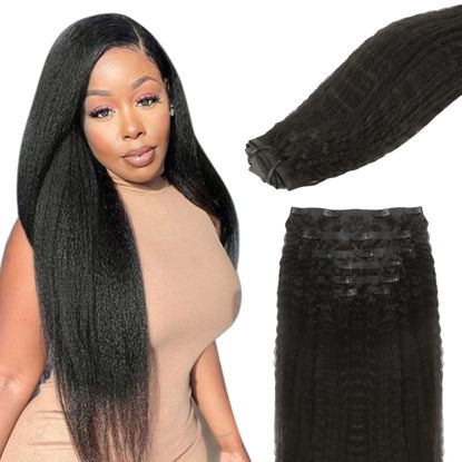 Picture of Lashey Human Hair Extensions Clip in Hair Extensions 100% Remy Human Hair Kinky Straight 110g Seamless Clip in Hair Extensions for Black Women 22 Inch Natural Black Human Hair