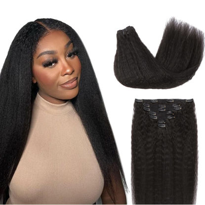 Picture of Lashey Kinky Straight Clip in Hair Extensions for Black Women, 18 Inch 7pcs 120g #1B Natural Black, Clip in Hair Extensions Real Human Hair Lace Clip Ins Thick Human Hair