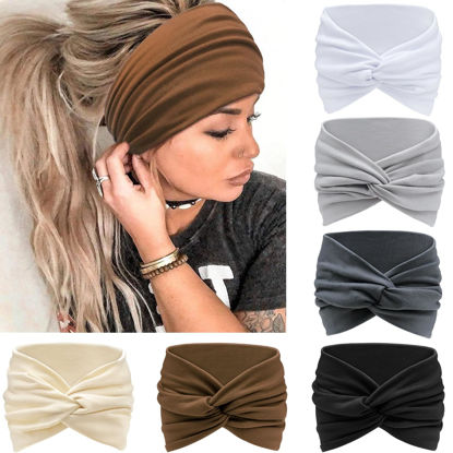 Picture of Awumbuk Wide Headbands for Women Knotted No Slip Head Bands Soft Turban Headband Hair Accessories Boho African Solid Color Head Wraps for Women Yoga Workout Pack of 6（Brown）