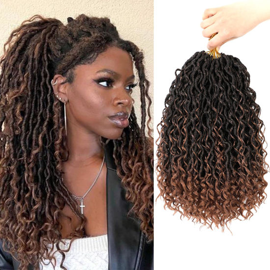 Picture of SamBraid Goddess Locs Crochet Hair 14 Inch, 8 Packs New Goddess Faux Locs Crochet Hair for Black Women, River Locs Crochet Hair with Curly Ends (14Inch, T1B/30, 8Packs))