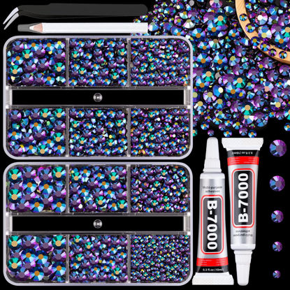 Picture of Resin Jelly Rhinestones for Crafting with B7000 Jewelry Glue, 2 Boxes Purplish Black AB Flatback Crystals with 2Pcs 10ml Glue, Bedazzling Non Hotfix Gems for DIY Tumblers Clothing Shoes Manicure