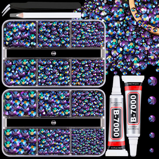Picture of Resin Jelly Rhinestones for Crafting with B7000 Jewelry Glue, 2 Boxes Purplish Black AB Flatback Crystals with 2Pcs 10ml Glue, Bedazzling Non Hotfix Gems for DIY Tumblers Clothing Shoes Manicure