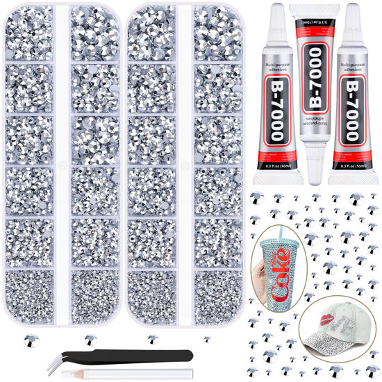Picture of 12100Pcs Resin Rhinestones for Crafting with 3Pcs 10ml B7000 Jewelry Glue, 2 Boxes Flatback Crystals Diomand (Silver) for Bedazzling Crafts DIY Nail Art Makeup，Non Hotfix Gems for Clothing Shoes