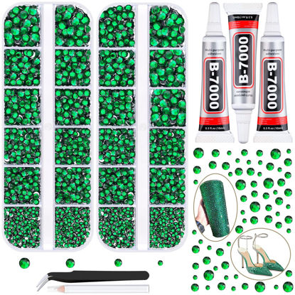 Picture of 12100Pcs Resin Rhinestones for Crafting with 3Pcs 10ml B7000 Jewelry Glue, 2 Boxes Flatback Crystals Diomand (Emerald Green) for Bedazzling Crafts DIY Nail Art，Non Hotfix Gems for Clothing Shoes
