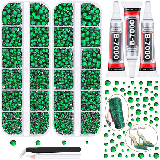 Picture of 12100Pcs Resin Rhinestones for Crafting with 3Pcs 10ml B7000 Jewelry Glue, 2 Boxes Flatback Crystals Diomand (Emerald Green) for Bedazzling Crafts DIY Nail Art，Non Hotfix Gems for Clothing Shoes