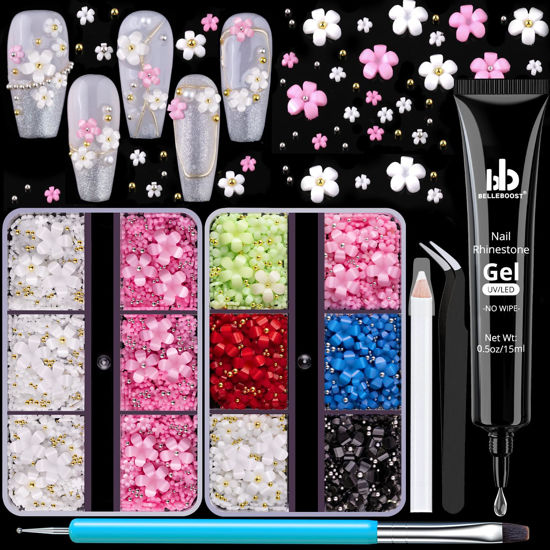 Picture of 3D Flowers, Manicure Kit with Nail Rhinestone Glue Gel, Colorful Acrylic Flower Nail Charms with Caviar Beads, Rhinestones for Nails + Gem Glue for Nails (UV/LED Needed) with Dotting & Pickup Tools