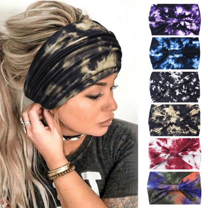 Picture of Yeshan Wide Headbands for Women Non Slip Boho Headbands Elastic Tie dye Headbands Yoga Workout Sweat Bands Running Sport Hair Bands,Pack of 6