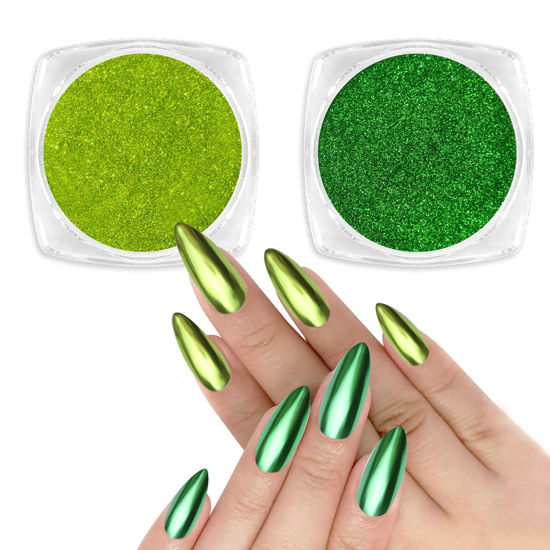 Picture of Allstarry Green Chrome Nail Powder, 2 Colors Metallic Effect Mirror Chrome Powder Pigment Manicure Magic Glitter Dust Kit for Gel Polish Nail Art Decoration with 2 Eyeshadow Sticks- Wheat Field Green