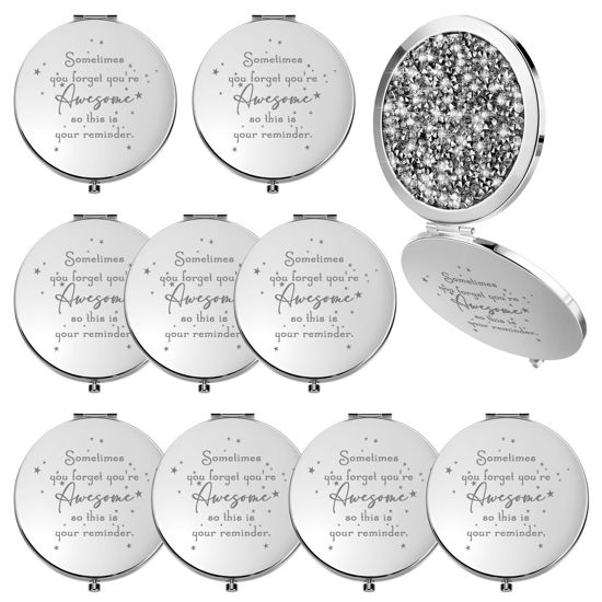 Picture of Roowest 10 Pcs Inspirational Compact Mirror Sometimes You Forget You're Awesome Appreciation Thank You Gifts for Women Employee Coworker Staff Birthday Favor Magnifying Pocket Mirror (White)