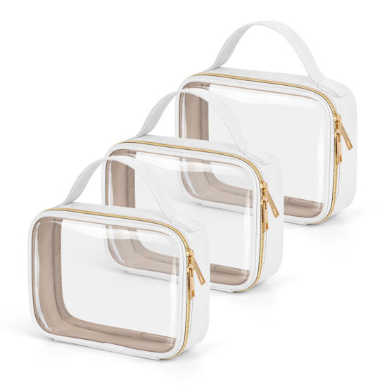 Picture of Wedama TSA Approved Toiletry Bag, 3 Pack Clear Makeup Bags with Handles, Quart Size PVC Clear Cosmetic Bags for Women and Men, Carry on Airport Airline Compliant Bag, White