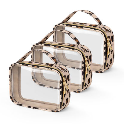 Picture of Wedama TSA Approved Toiletry Bag, 3 Pack Clear Makeup Bags with Handles, Quart Size PVC Clear Cosmetic Bags for Women and Men, Carry on Airport Airline Compliant Bag, Leopard Print