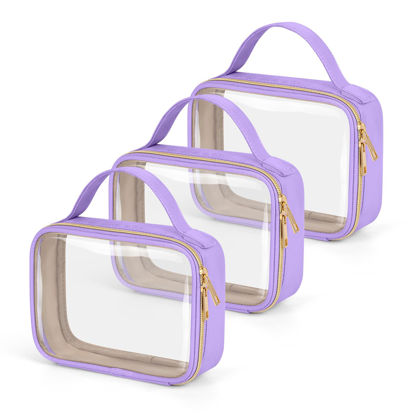 Picture of Wedama TSA Approved Toiletry Bag, 3 Pack Clear Makeup Bags with Handles, Quart Size PVC Clear Cosmetic Bags for Women and Men, Carry on Airport Airline Compliant Bag, Purple