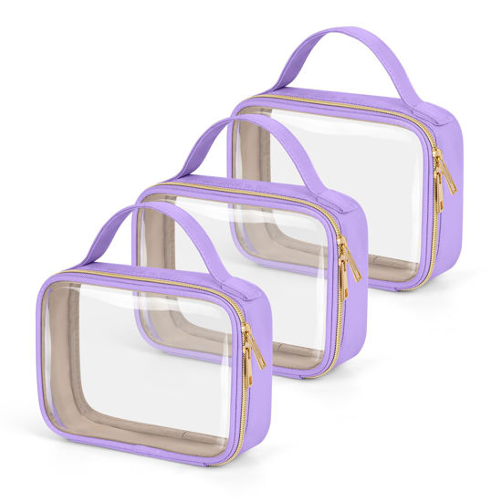Picture of Wedama TSA Approved Toiletry Bag, 3 Pack Clear Makeup Bags with Handles, Quart Size PVC Clear Cosmetic Bags for Women and Men, Carry on Airport Airline Compliant Bag, Purple