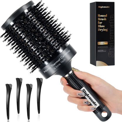 Picture of STYLEMATE Round Brush, Nano Thermal Ceramic & Ionic Tech Round Barrel Hair Brush with Boar Bristles, Roller Brush for Blow Drying, 4 Free Clips (Black, 4 inch, Barrel 2.7 Inch, 65mm)