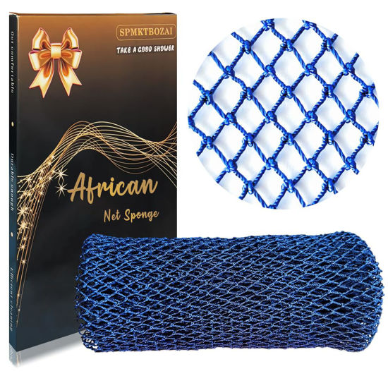 Picture of SPMKTBOZAI African Net Sponge Authentic, African Exfoliating Sponge Real African Net Black Owned, African Bath Sponge Back Scrubber, Body Exfoliator Shower Bath Accessories (Blue)