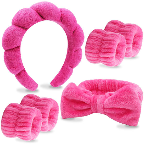 Picture of VELSCRUN 6 Pack Makeup and Skincare Headbands - Rose Pink Sponge Hair Bands, Bow Tie Wristbands for Face Washing, Women's Hair Accessories