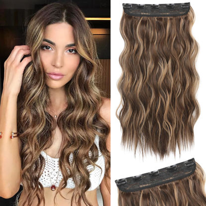 Picture of REECHO Clip in Hair Extensions, 20” One Piece Hair Extension Clip in Wefts Long Thick Beach Wavy Natural Soft Synthetic Hairpieces for Women, Chocolate Brown with Blonde Highlights